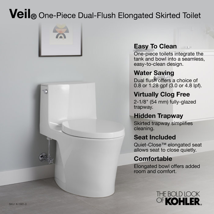 Kohler Veil™ OnePiece Elongated DualFlush Toilet with Skirted Trapway